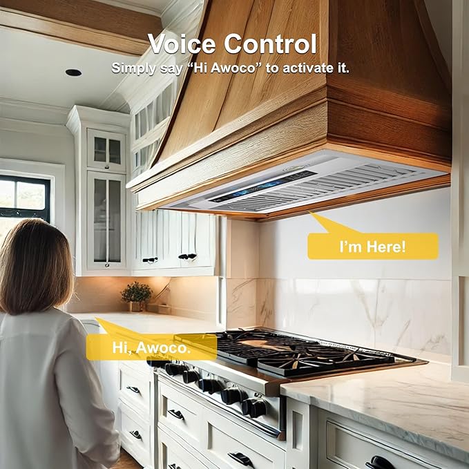 Awoco Range Hood Insert 30 Inch, Built-in Kitchen Hood with 800 CFM, Voice/Gesture/Touch Control, Stainless Steel Stove Hood with 4 Speed Exhaust Fan, Ducted, Ductless Convertible, Charcoal Filter