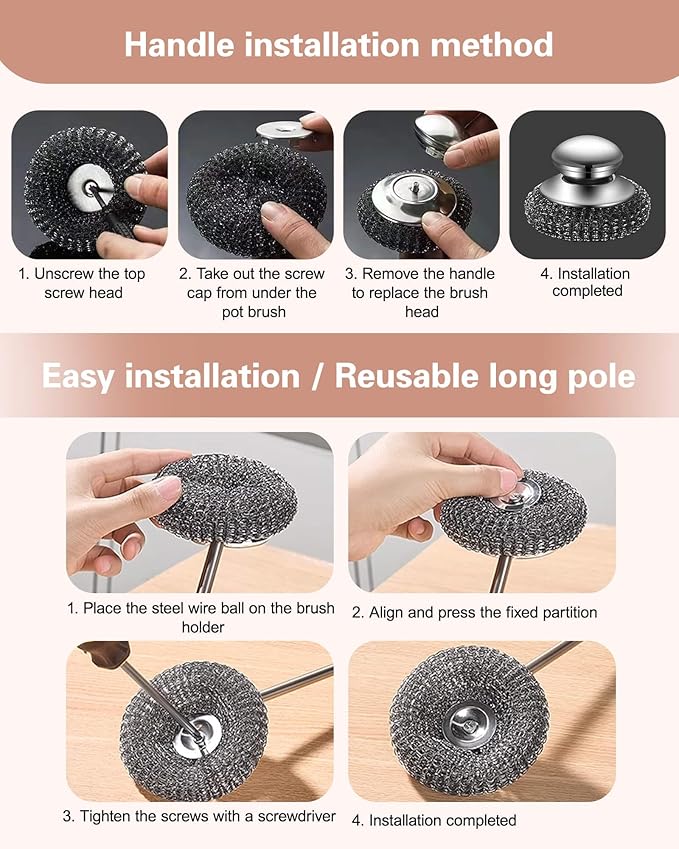 6 Pcs Stainless Steel Wool Scrubber – Heavy Duty Metal Scouring Pads for Kitchen, Cast Iron Pan & Grill – Rust Resistant, Non-Splintering,Odor Free Wire Sponges for Tough Grease & Burnt Food