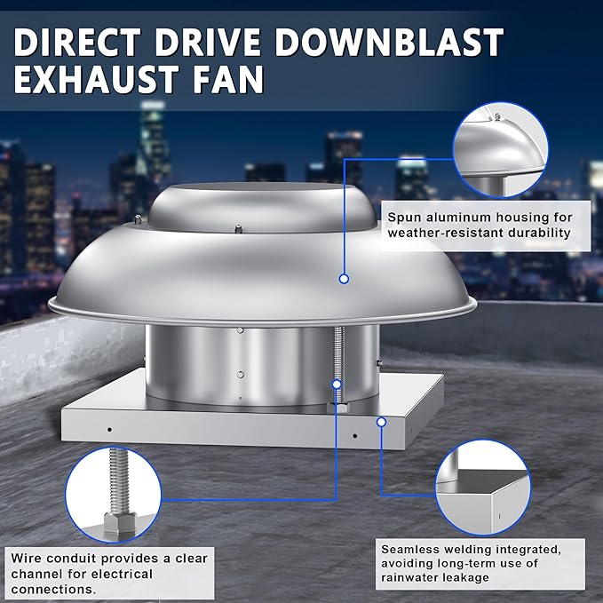 Roof Mounted Exhaust Fan Direct Drive Axial Downblast Exhaust Fan -21" Fan Base, 1/6 HP 1160 CFM 115 Volt Single Phase Motor