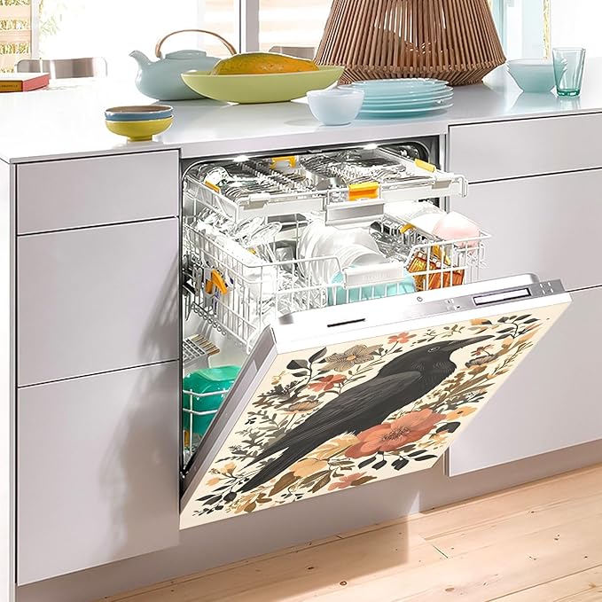 Dishwasher Magnet Cover, Crow Flowers Magnet Sticker Fridge Panel Decal for Home Kitchen Decor, 23x26in