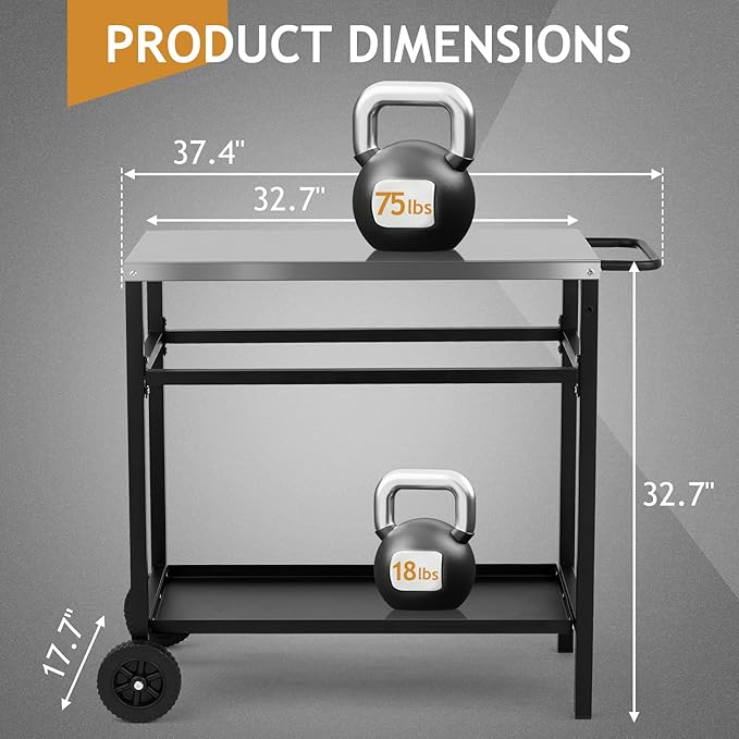 ROVSUN Upgraded Grill Dining Cart Table, Stainless Steel Bar Table Top, Movable Kitchen Island Stand for Outdoor Food Prep, Pizza Oven, Charcoal Accessories, Patio, Garden, Parties