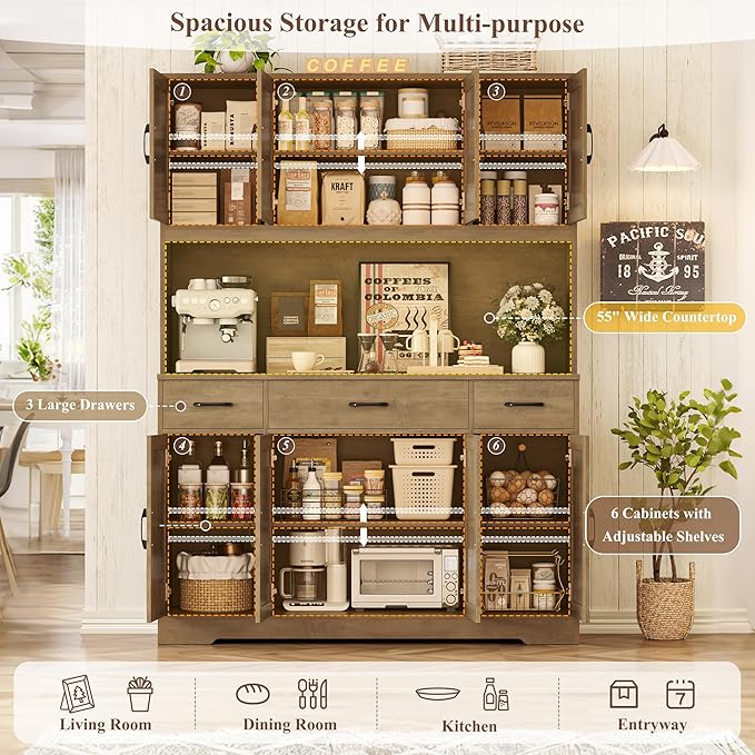 HOSTACK 71" Tall Kitchen Pantry Storage Cabinet with Charging Station, 55" Wide Kitchen Hutch Cabinet with Large Countertop, Farmhouse Food Pantry with Drawers for Living Room, Rustic Brown