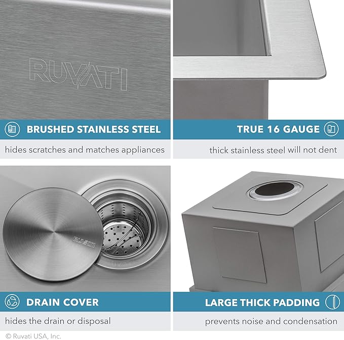 Ruvati 13 inch Workstation Bar Prep Sink with Cover - Undermount 16 Gauge Stainless Steel Kitchen Sink Single Bowl with Brushed Finish hides scratches, Easy-to-Clean- RVH8316