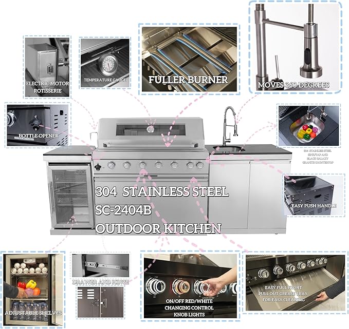 96'' 6-Burner 85000 BTU Deluxe Stainless Steel Propane Gas Outdoor Kitchen Barbecue Island Grill, Wine Cooler Compact Refrigerator, Rotisserie Kit, Granite Countertops, Stainless Steel Sink, Silver