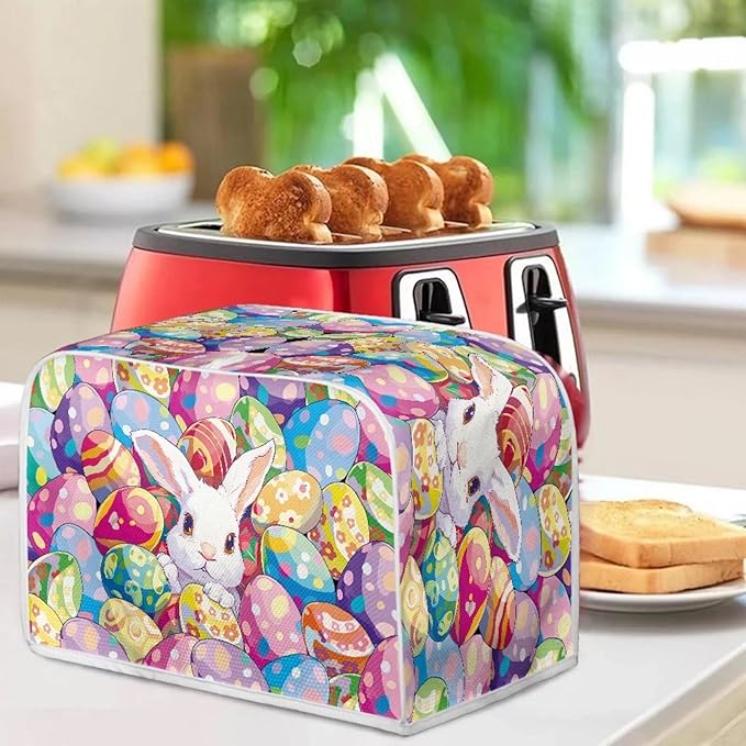 UNICEU Easter Colorful Eggs Cute Rabbit 4 Slice Quilted Toasters Cover, Dust-proof Toasters Cover Bread Maker Cover Kitchen Small Appliance Dust Cover