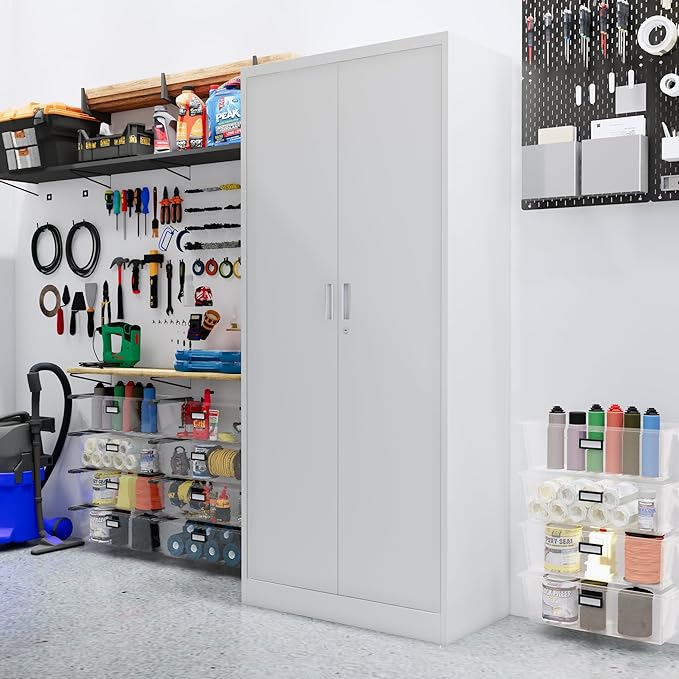CJF Metal Storage Cabinet, 72" H Locking Storage Cabinet with Adjustable Shelvesand Doors, Metal Cabinets for Office/Home/Garage/School-White