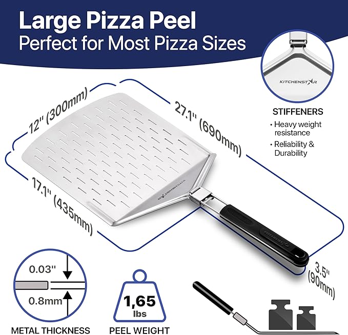 KitchenStar Perforated Pizza Peel 12 inch with 10 inch Folding Handle, Medium - Stainless Steel Spatula Paddle for Effortless Pizza Transfer & Easy Storrage - Outdoor Pizza Oven Accessories