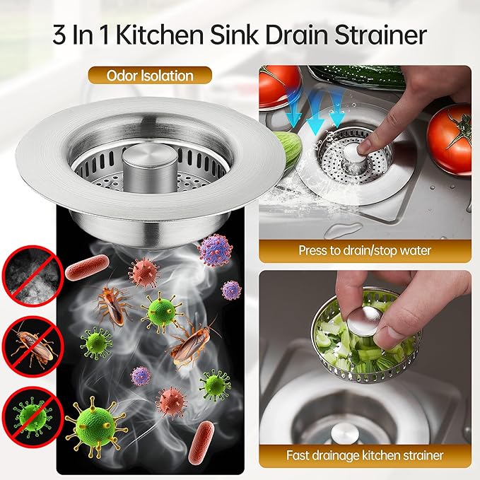 YYKBZ 3 in 1 Kitchen Sink Drain Strainer,Stainless Steel Sink Stopper,Pop Up Sink Plug Fast Drain Deodorizer Anti-Clog, Strainer for Kitchen Standard 3-1/2" Easy to Install（2pcs）