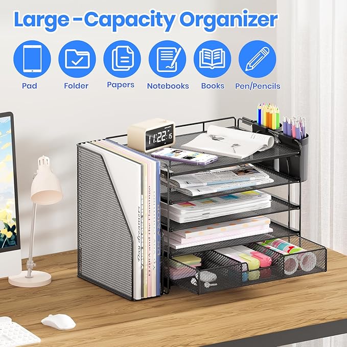 OPNICE Desk Organizer, 5-Tier Paper File Organizer with Drawer & Pen Holder, Office Desk Accessories, Workspace Desktop Organizer for Office Supplies(Black)