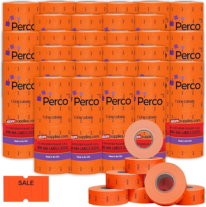 Perco 1 Line Sale Fluorescent Red Labels - Case of 30 Sleeves, 240,000 Blank Pricing Labels for Perco Lite, X, Plus and Pro 1 Line Price and Date Guns