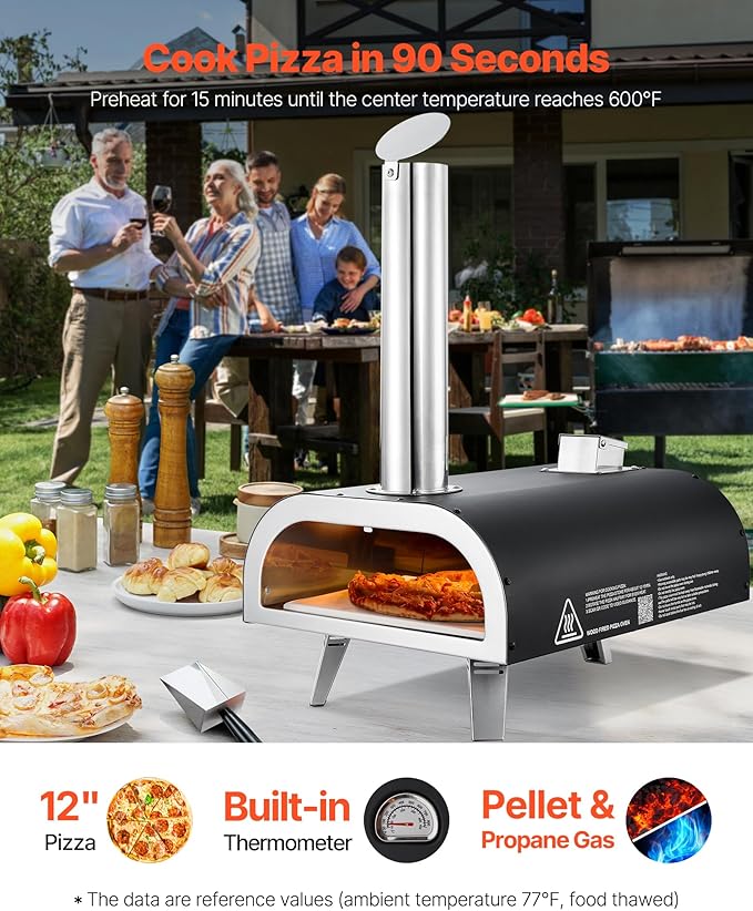 VEVOR Dual Fuel Pizza Oven Outdoor, 12 in Wood Fire & Propane Gas Pizza Ovens, Portable Pellet & Propane Pizza-Maker with Thermometer, Multi Fuel Pizza-Cook for Outside Patio Camping & Backyard