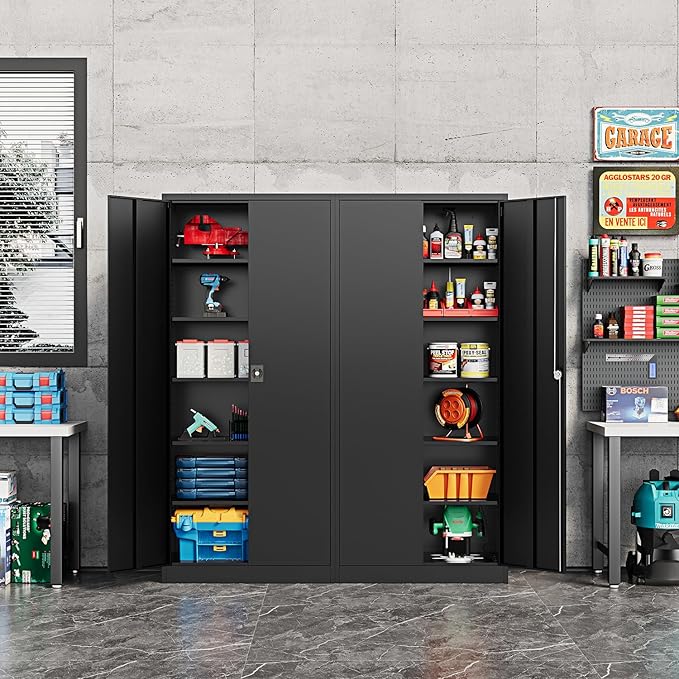 Metal Storage Cabinet-71” Tall Steel File Cabinets with Lockable Doors and Adjustable Shelves-Black Steel Storage Cabinet for Home,Kitchen, School, Office, Garage