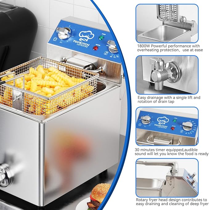 6.3Qt Electric Fryer with Oil Drain,30 Minutes Timer,Stretch forming oil tank,Lid and Solid Wire Mesh Basket,Light Duty Commercial Electric Countertop Deep Fryers-120V,1800W