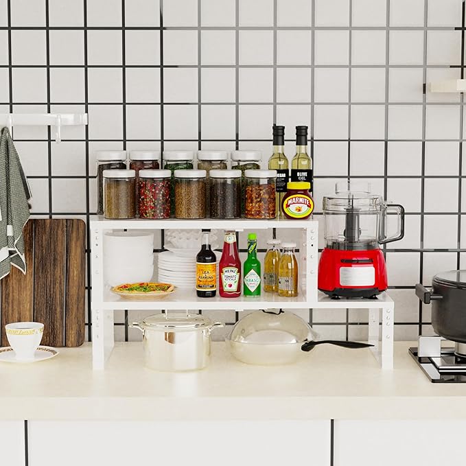 Expandable Stackable Spice Rack Organizer for Kitchen Cabinet,Adjustable Counter Shelf, countertop, Pantry,Cupboard,Bathroom,Bedroom(3Packs/White/Large)