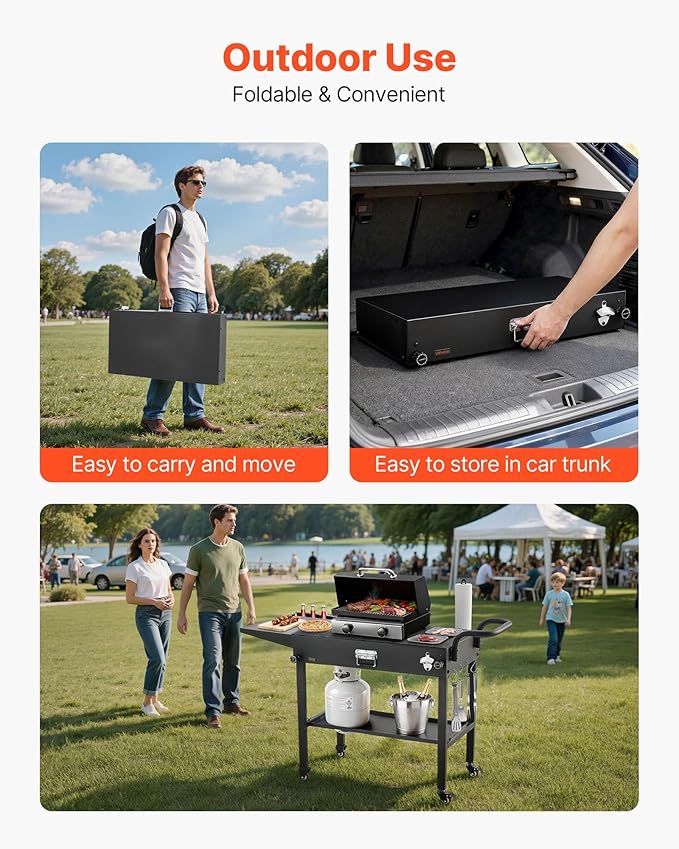 VEVOR Outdoor Grill Cart, 31.0 x 17.0 inch Tabletop Size Grilling Table, Foldable Outdoor Cooking Table with Tissue Holder, Hooks, Wheels, Side Table, BBQ Prep Tables for Picnic, Kitchen, Courtyard