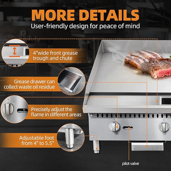 36" Commercial Countertop Griddle, 3 Burners Gas Griddle, 90000 BTU Output, Stainless Steel Flat Top Grill Hot Plate with Natural Gas and Propane Conversion Kit for Restaurant,Food Truck