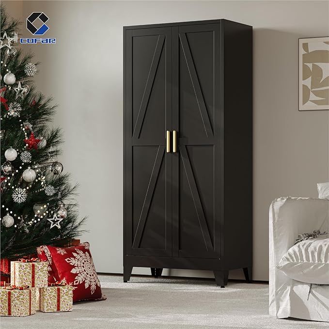 COFaR Black Metal Cabinet, 61 in Tall Metal Storage Cabinet with 3 Adjustable Shelves and Barn Doors, Farmhouse Cupboard Storage for Garage Kitchen Pantry Office, 4-Tier