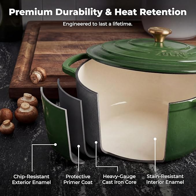 Zulay Kitchen 6 Quart Enameled Cast Iron Dutch Oven Pot with Lid – Premium Durability & Oven Safe up to 500°F – Heavy Duty Cookware Perfect for Bread Baking, Stews, Braising & Roasting – Green