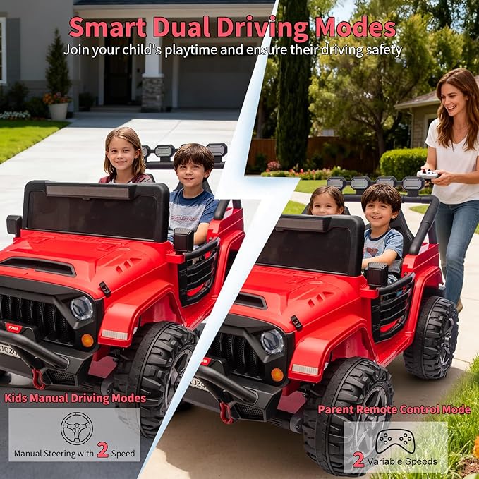 Kids 24V 2-Seater Electric Ride On Car, 4x4 Ride On Truck w/Remote Control, 4-Wheeler Suspension, 3 Speeds, Led Lights, Bluetooth, Ride on Car Toy for Kids Ages 3-8, Red
