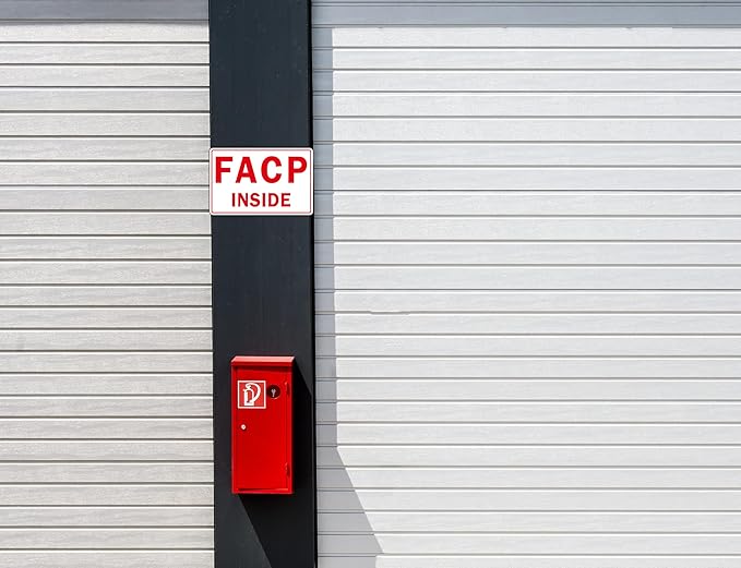 FACP Sign, (2 Pack) Self Adhesive FACP Inside Signs, Rust Free and Reflective Aluminum Metal Sign Sticker for Door (9 x 6 inches, White/Red)