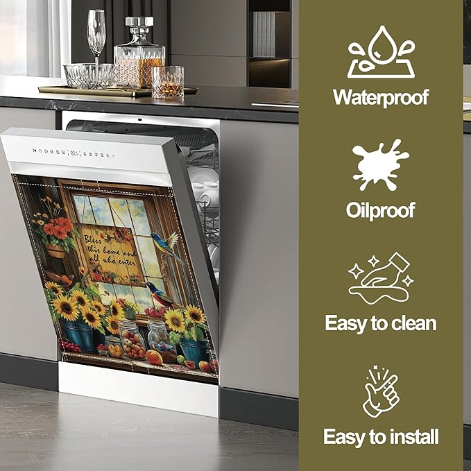 Dishwasher Magnet Cover,Sunflower Birds Dishwasher Cover Magnetic Fruits Home Appliances Refrigerator Decorative 23" x 26"