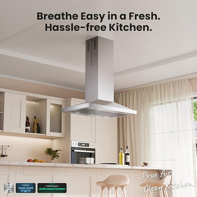 42In Island Range Hood, 390 CFM Stainless Steel Ducted Island Mount Range Hood, kitchen island vent hood with 3-Speed Fan, Touch/Gesture, 4 Stainless Steel Baffle Filters, Ceiling Mount
