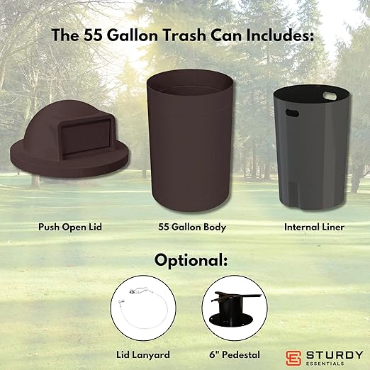 Campus Collection 55 Gallon Round Plastic Heavy Duty Commercial Indoor or Outdoor Trash Can with Push Open Dome Lid and Internal Liner | Great for Schools and Businesses - Brown