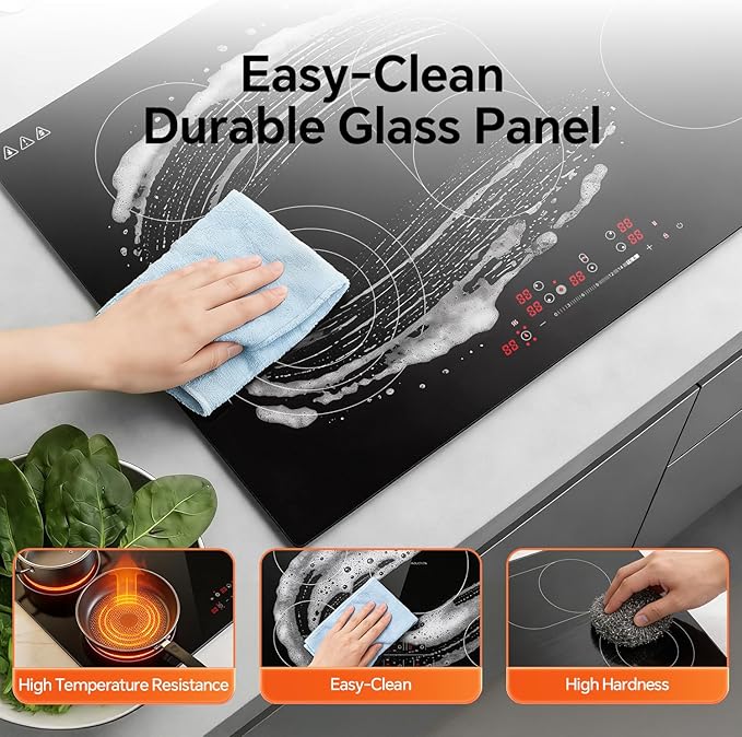 Ranein Electric Cooktop with 5 Burners, 30 inch 8800W 240V Ceramic Panel Electric Cooktop, Multiple Safety Protections Stove, Touch Screen
