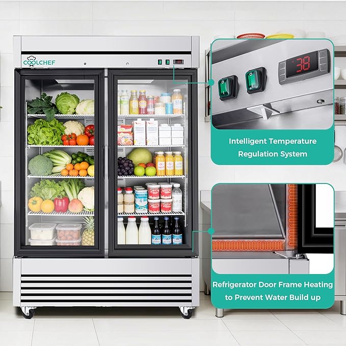 54" Commercial Glass Door Refrigerator, 49 Cu.Ft Double-Door Reach-In Cooler, 33–40℉, Double-Layer Low-E Glass, 8 Shelves, R290