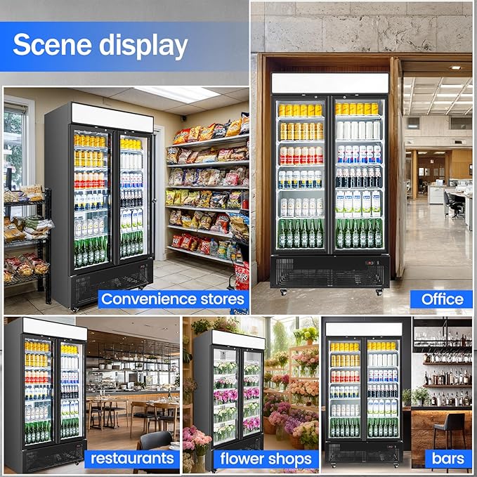 Commercial Merchandiser Display Refrigerator with 2 Glass Doors 30 Cu.ft Beverage Back Bar Cooler Black Drink Fridge for Convenience Stores, Supermarkets, Bars, Offices