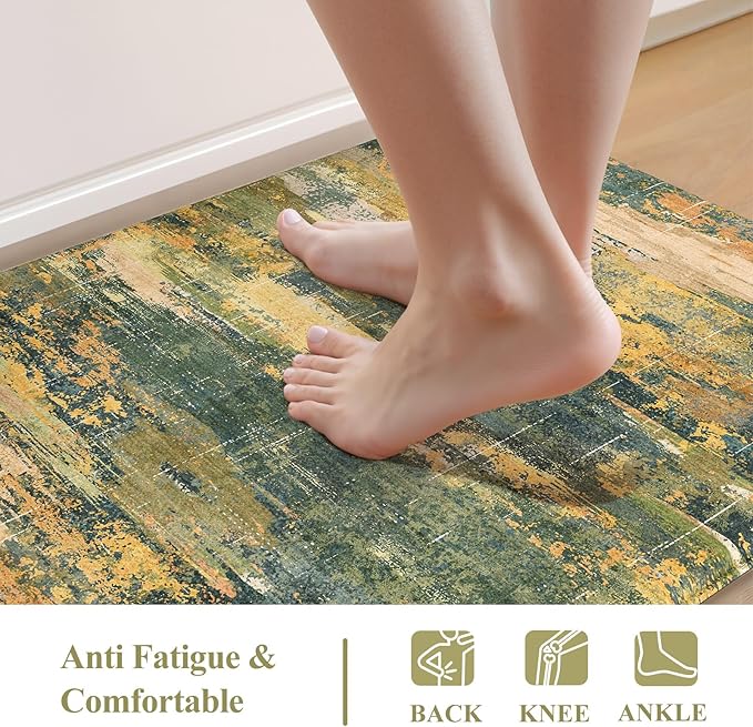 Collive Anti Fatigue Kitchen Rugs Sets of 2, Abstract Non Slip Waterproof Kitchen Mat Modern Runner Rug, Ergonomic Comfort Desk Rugs for Floor, 17"x59"+17"x29" Green/Yellow