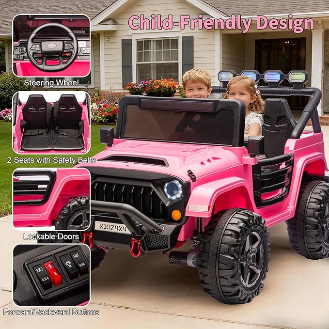 2 Seater Ride on Car Toy for Kids, 24V 4x4 Ride-on Truck, w/Parent Control, Soft Start, 3 Speed, 4-Wheeler Suspension, Bluetooth, LED Lights, Electric Car for Kids Toddler Ages 3-8, Pink