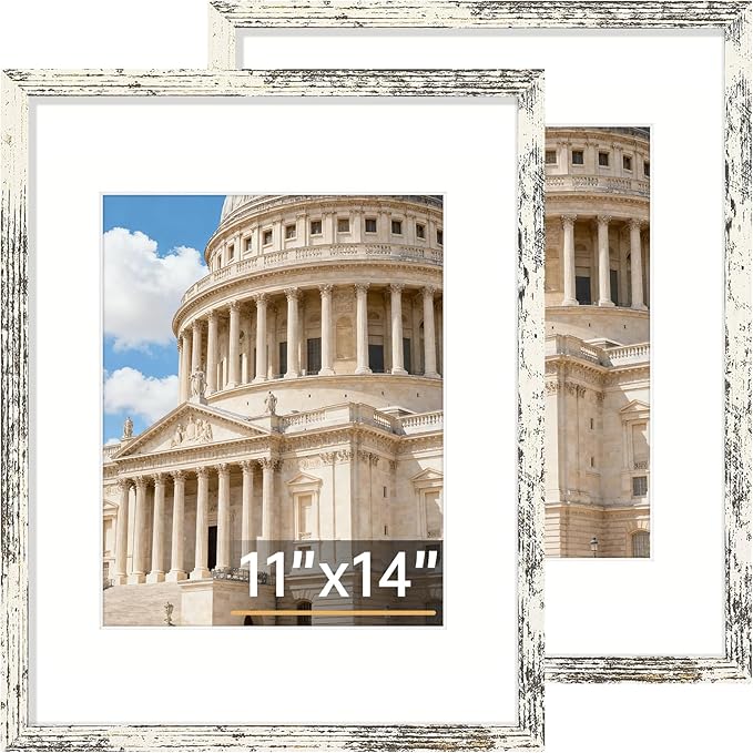 Vittanly 11x14 Picture Frame Set of 2, Solid Wood Frame for Wall Art Photo and Prints, Display Photo 8x10 with Mat or 11x14 without Mat, Distressed White