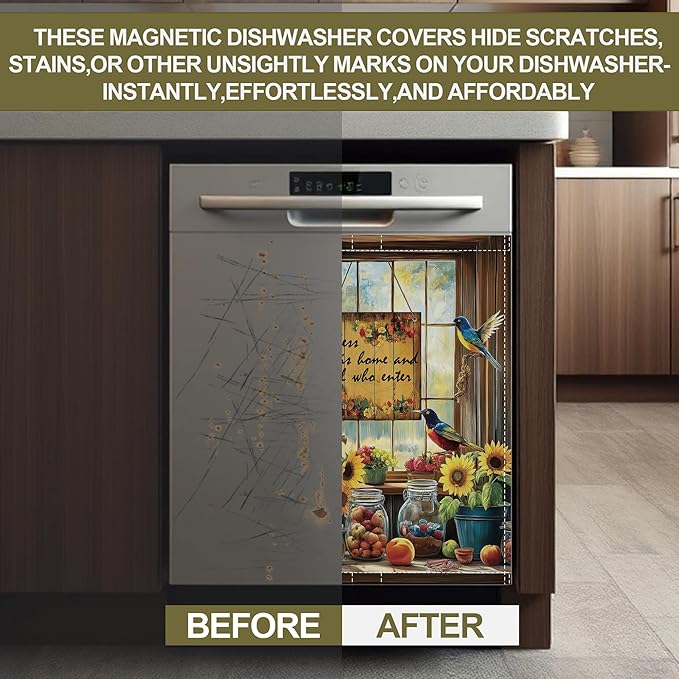 Dishwasher Magnet Cover,Sunflower Birds Dishwasher Cover Magnetic Fruits Home Appliances Refrigerator Decorative 23" x 26"