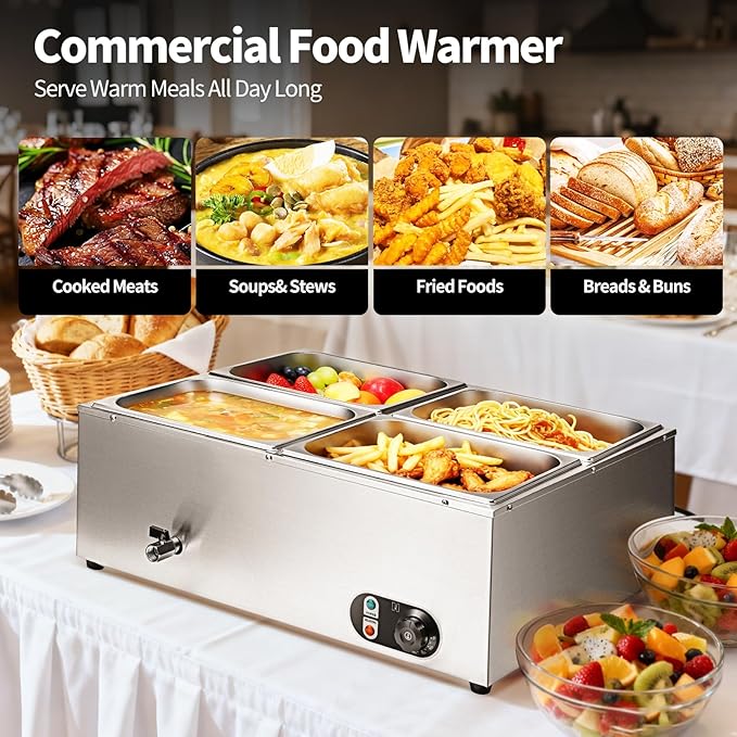 Commercial Food Warmer 48 Qt Stainless Steel Steam Table Countertop Buffet Warmer, 4-Pan 1500W Electric Bain Marie Food Warmer with Adjustable Temperature for Restaurants, Catering, Hotels