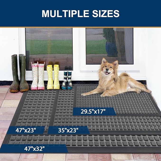 Smiry Front Door Mat Outside Entrance, Heavy Duty Natural Rubber Doormat, Non Slip, Trap Dirt and Moisture, Easy Clean, Low Profile Welcome Floor Mats for Indoor Outdoor Entry, 29.5x17 Inch, Grey