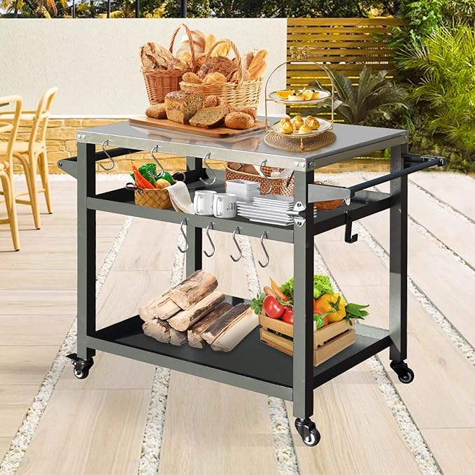 Domi 3-Tier Outdoor BBQ Grill Cart with Lockable Wheels | Portable Pizza Oven Stand & Food Prep Station | Blackstone Griddle with Stainless Steel Tabletop All-Weather Patio Cooking Center