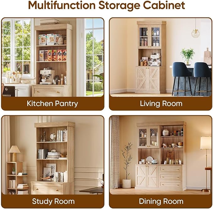 Vyre 71" Farmhouse Kitchen Pantry Cabinet Set of 4, Brown Freestanding Coffee Bar Hutch with Drawers & Adjustable Shelves, Large Storage Cabinet with Microwave Stand for Living Room & Kitchen