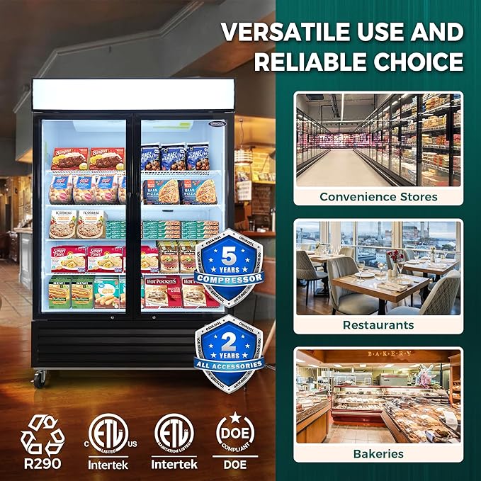 54" Commercial Display Freezer with 2 Glass Door - 44.7 Cu.ft Capacity, Digital Temperature Control, Auto Defrost, Freezer Top Sign, LED Lighting, Energy Efficient for Store & Supermarket