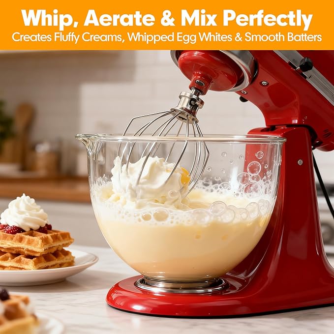 Wire Whip Attachment for KitchenAid 5 Qt Bowl-Lift Mixers, 6-Wire Stainless Steel Whisk Replacement, Heavy-Duty Whip for Beating Eggs, Whipping Cream, Frosting, and Cakes, Dishwasher Safe