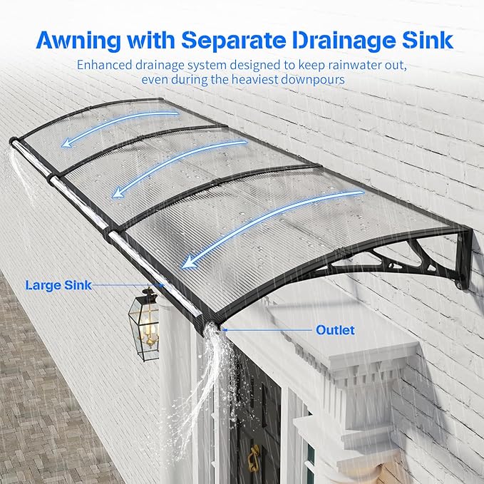 Awning for Door Entrance with Drainage Sink,40x80 Inch Awnings for Doors,Window Canopy Exterior with Plastic Steel Bracket,Polycarbonate Cover,UV,Rain,Snow Protection for House,Porch,Patio,Deck