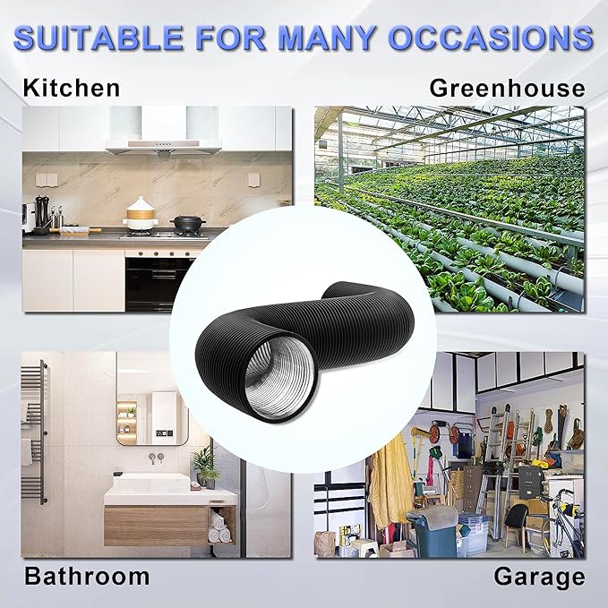 4 Inch Flexible Ducting Hose 8 Feet Black Aluminum Ducting -4 Layer Protection Dryer Vent Hose for HVAC Heating Cooling Ventilation and Exhaust, 2 Clamps Included
