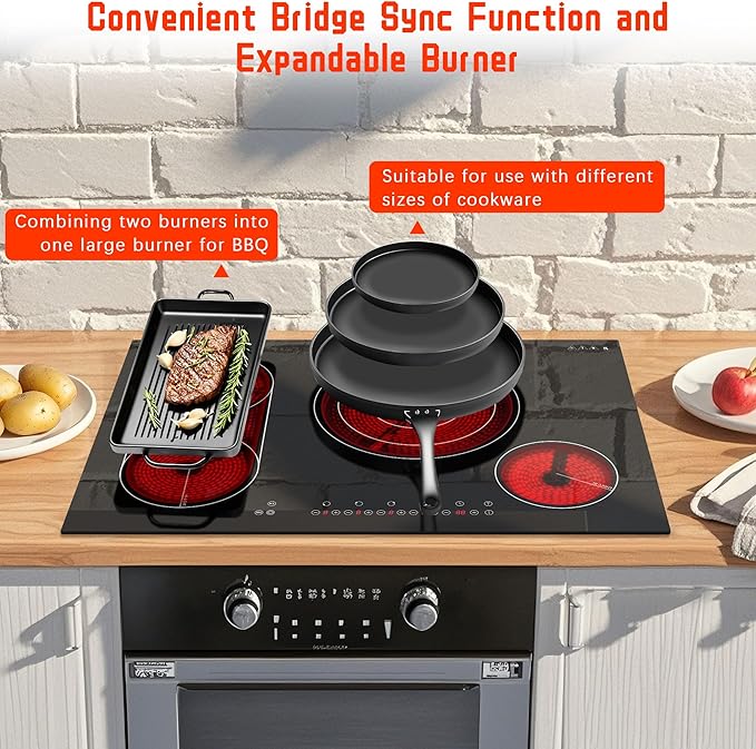 Karinear Electric Cooktop 30 Inch, 4 Burners Electric Stove Top, Flexible Bridge &Triple Ring Expandable Burners, Pause, Timer, Child Safety Lock, 7800W Built-in Ceramic Cooktop for 220-240V Hard Wire