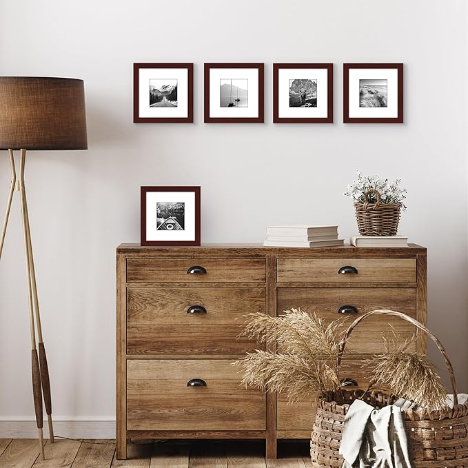 Americanflat 7x7 Picture Frame with Polished Plexiglass - Set of 5 - Use as 4x4 Frame with Mat or Display 7x7 Photo Without Mat - Galleria Collection - Square Frames for Tabletop and Wall - Mahogany