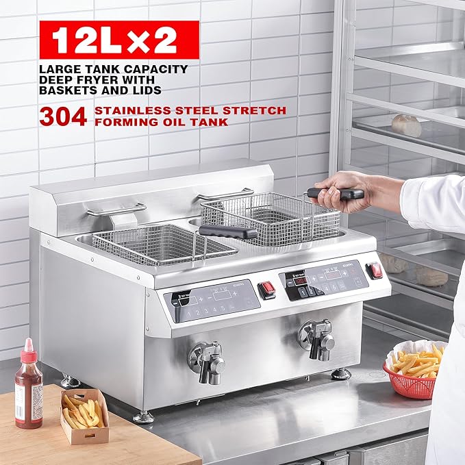EGGKITPO Induction Fryer 24L Dual Tank Deep Fryer with Basket and Lid Countertop Electric Fryer with Timer and Oil Drain Stainless Steel Commercial Fryer for Large Restaurant and Business 120V 3600W
