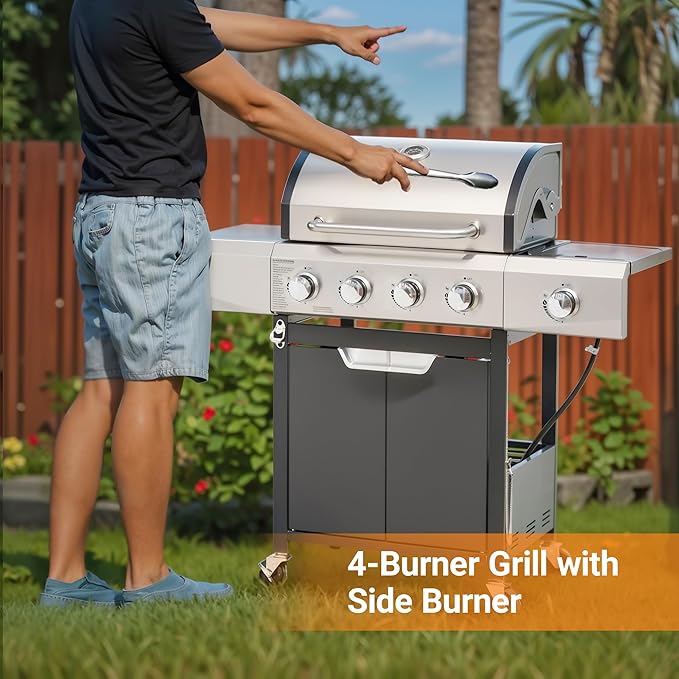 4-Burners Propane Gas Grill Outdoor with Side Burner & Thermometer, Stainless Steel Propane Grill with Cover for Outdoor BBQ, Patio Backyard Barbecue, 51000 BTU Output