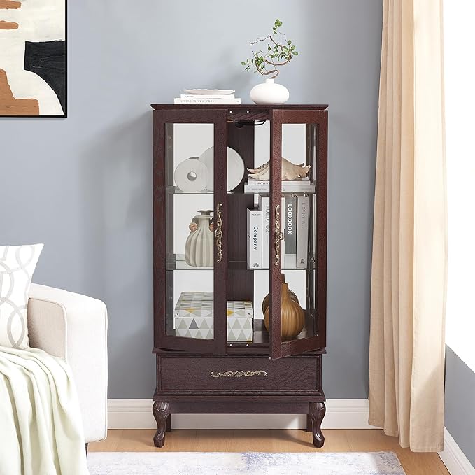 51" H Lighted Curio Cabinet Display Case, Glass Curio Cabinet with Adjustable Shelves,Tempered Glass Door and Drawer, Wooden Cabinets w/Mirrored Back Pane for Living Room (Dark Cherry)
