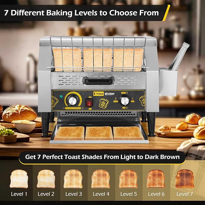 Dyna-Living Commercial Restaurant Toaster 450 Slices/H Conveyor Toaster Oven 1900W Rotating Toasters Heavy-duty Stainless Steel Commercial Conveyor Belt Toasters for Bun Bread