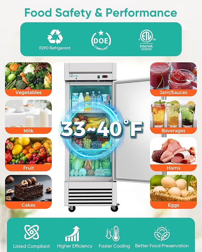 27" Commercial Refrigerator, 23 Cu. Ft Stainless Steel Upright Reach-in Fridge, 33℉~40℉, 3 Adjustable Shelves
