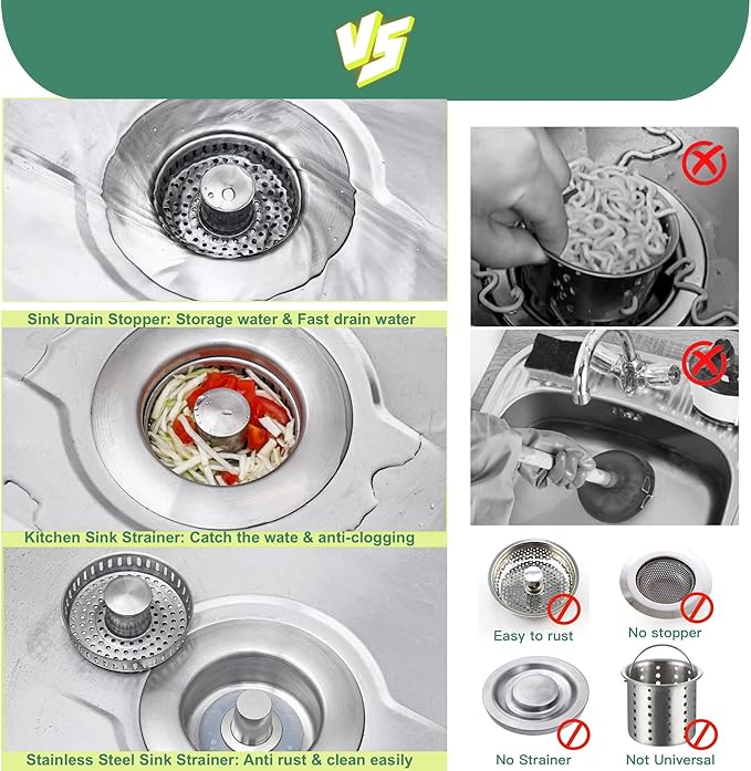 Kitchen Sink Drain Strainer 3 in 1, 304 Stainless Steel Pop Up Sink Stopper, Anti-Clogging Sink Stopper, Kitchen Drain Catcher, Sink Strainer for US Standard (Silver 2#)